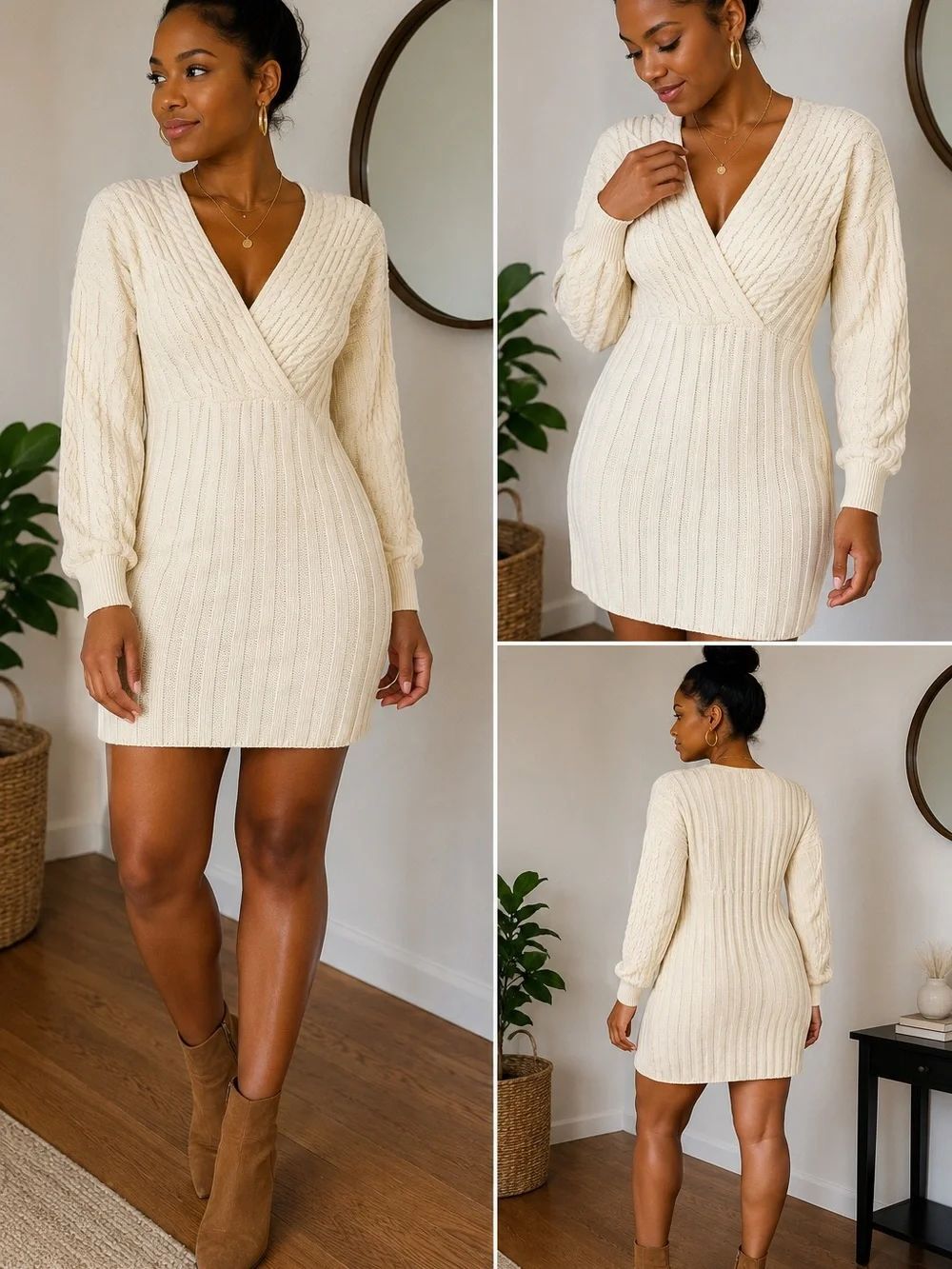 Zaful Cream Cable-Knit Wrap Mini Dress